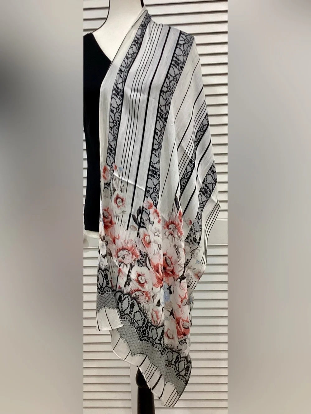 Vintage Boho Floral Faux Lace Print Scarf Wrap 68” x 20” Shabby Chic Cottagecore